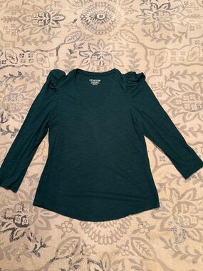 Chico's Deep Teal V-Neck Ruched Shoulder Long Sleeve Top